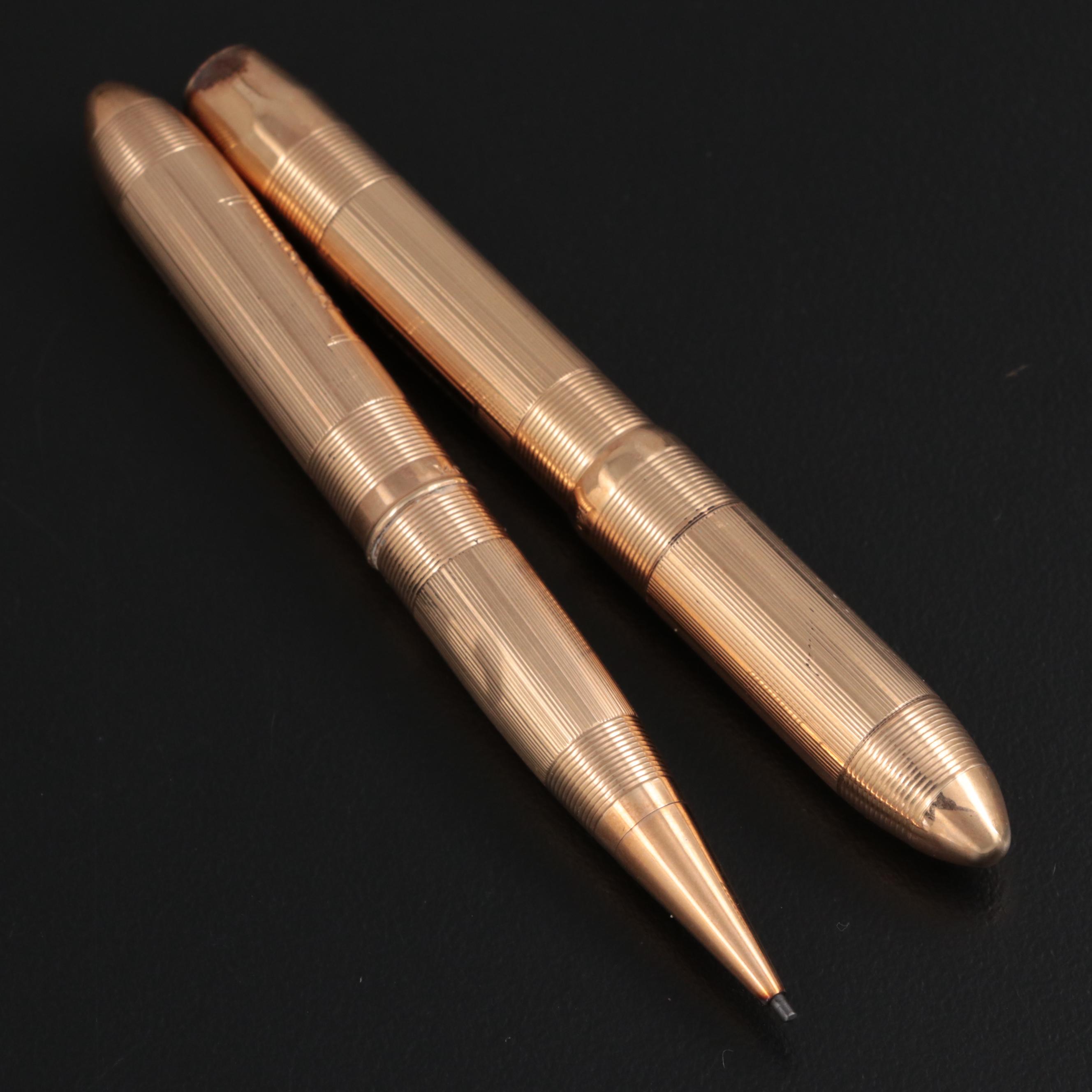 W. S. Hicks Art Deco 14K Gold Ladies Fountain Pen and Pencil Set with Box, 1930s