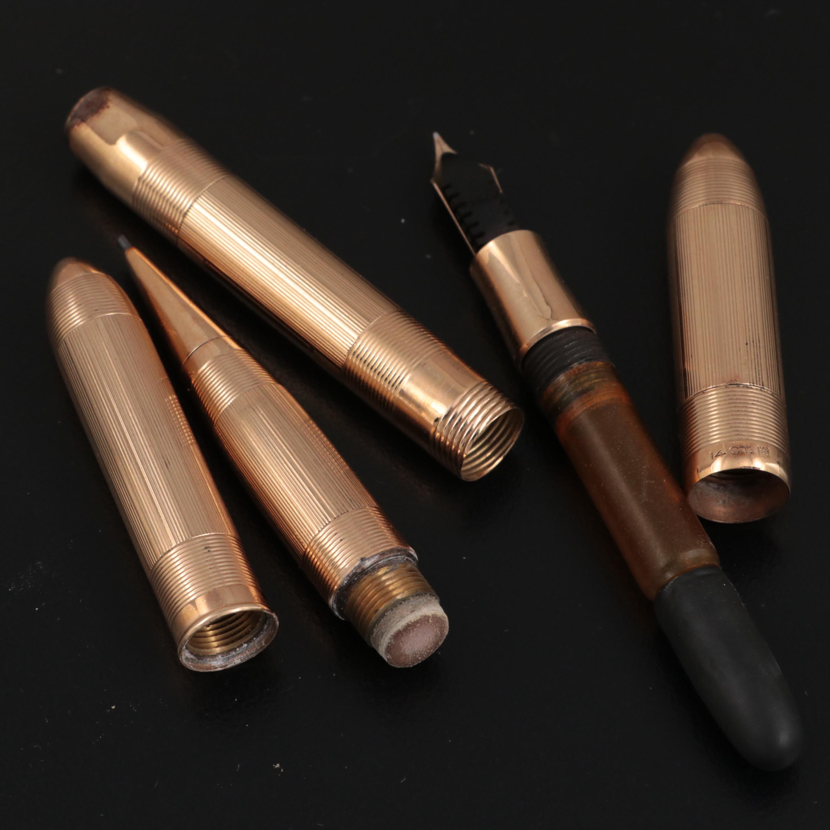 W. S. Hicks Art Deco 14K Gold Ladies Fountain Pen and Pencil Set with Box, 1930s