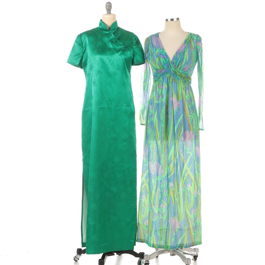 Robert-David Morton Maxi Dress with Green Floral Cheongsam Dress