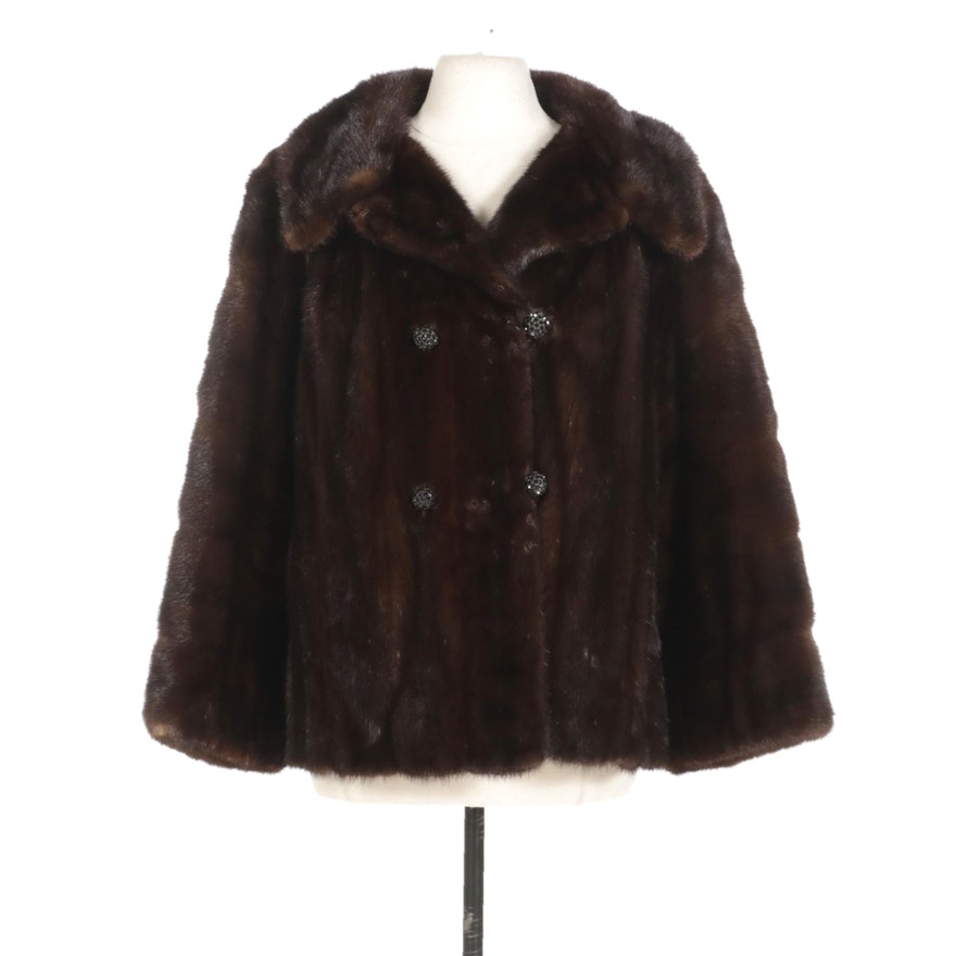 Mahogany Mink Fur Double-Breasted Jacket with Wide Notched Collar