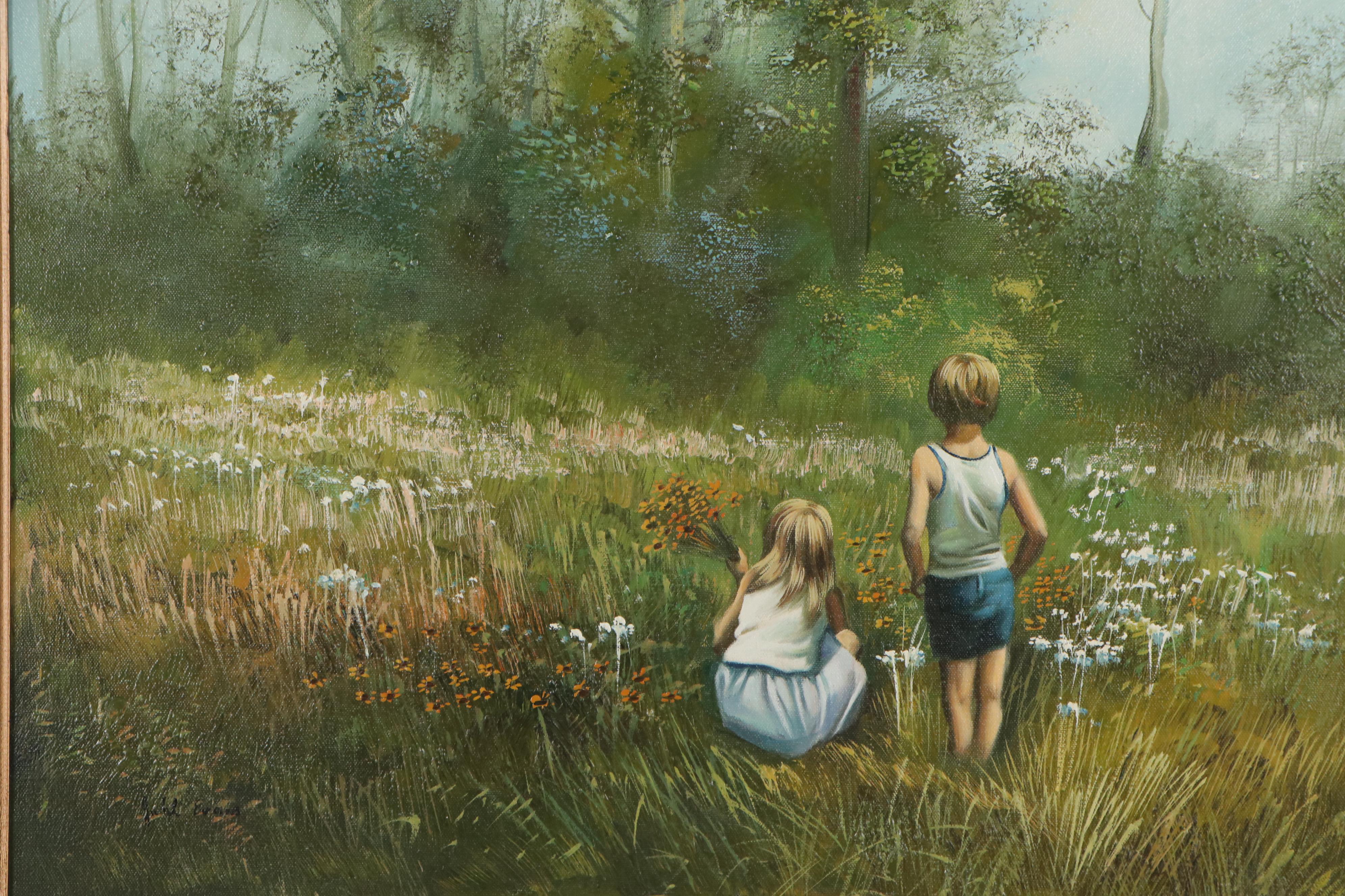 Juhl Evans Oil Painting of Children in the Forest, Late 20th Century