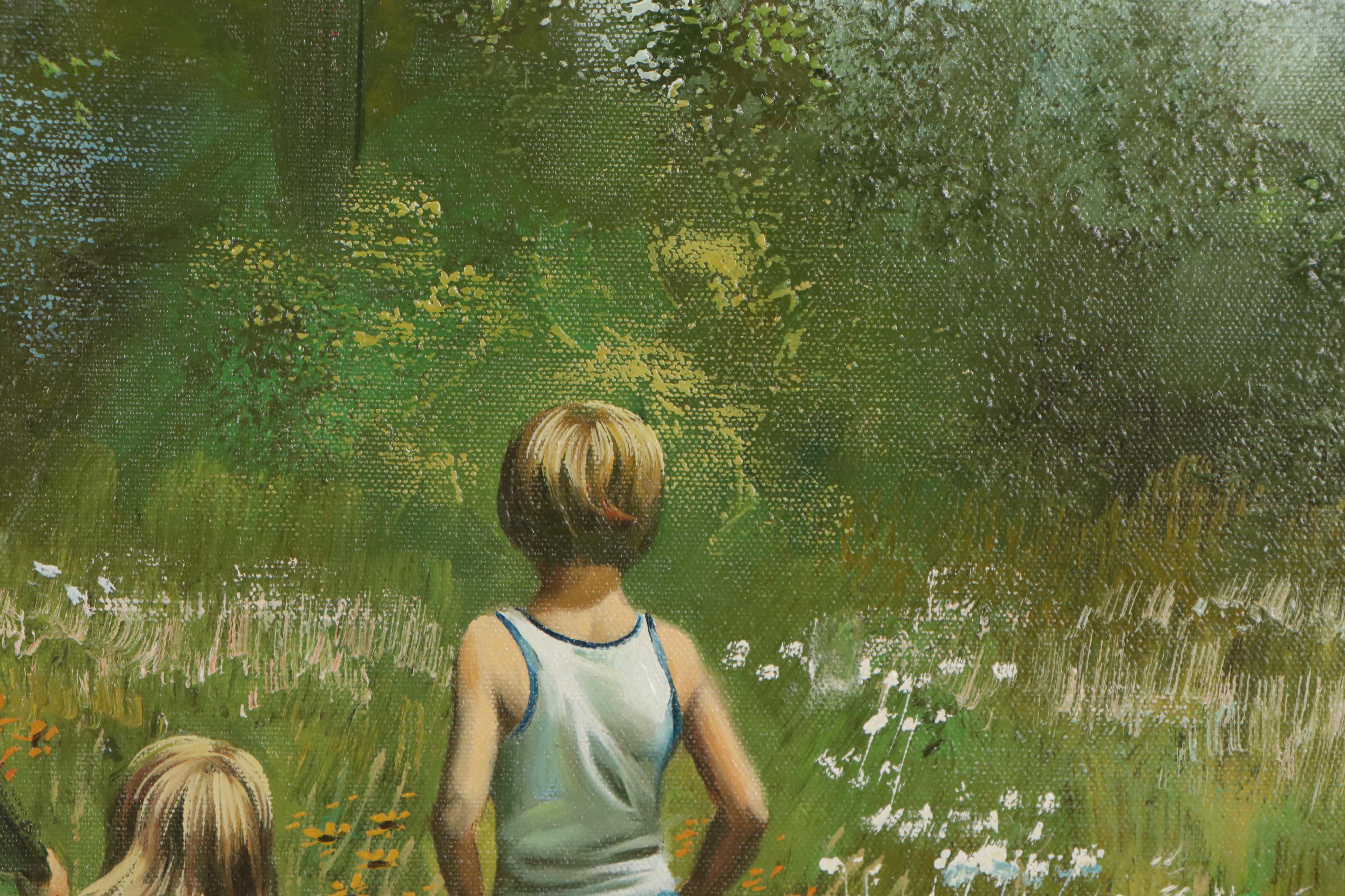 Juhl Evans Oil Painting of Children in the Forest, Late 20th Century