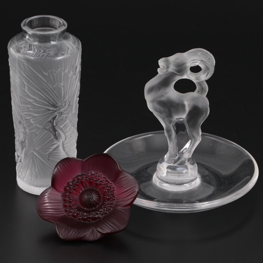 Lalique "Sylphide" Vase, Anemone Flower Figurine, and Ram Ring Dish