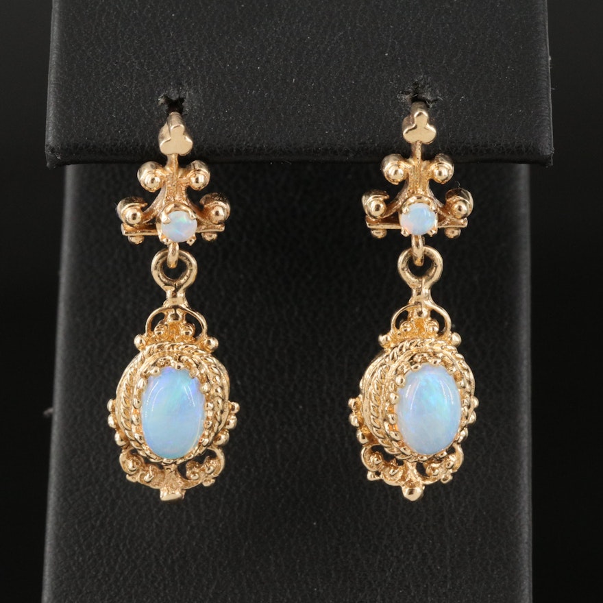 14K Opal Drop Earrings with Granulation and Braided Detail