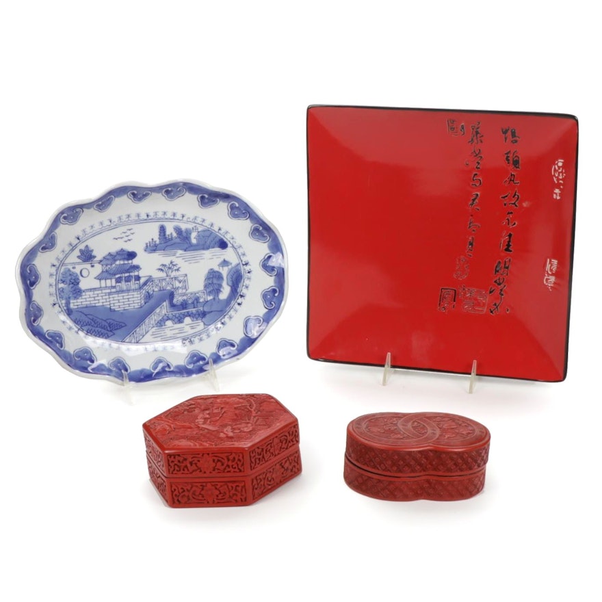 Chinese Canton Style Porcelain Platter with Red Lacquerware Boxes and Plate
