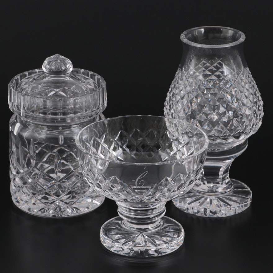 Waterford Crystal Bowl and Hurricane Lamp with Other Crystal Biscuit Barrel