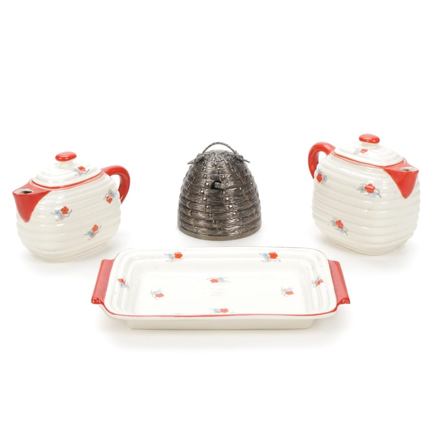 Godinger Silver Beehive Honey Jar and Weisley Ceramic Tea Set with Tray