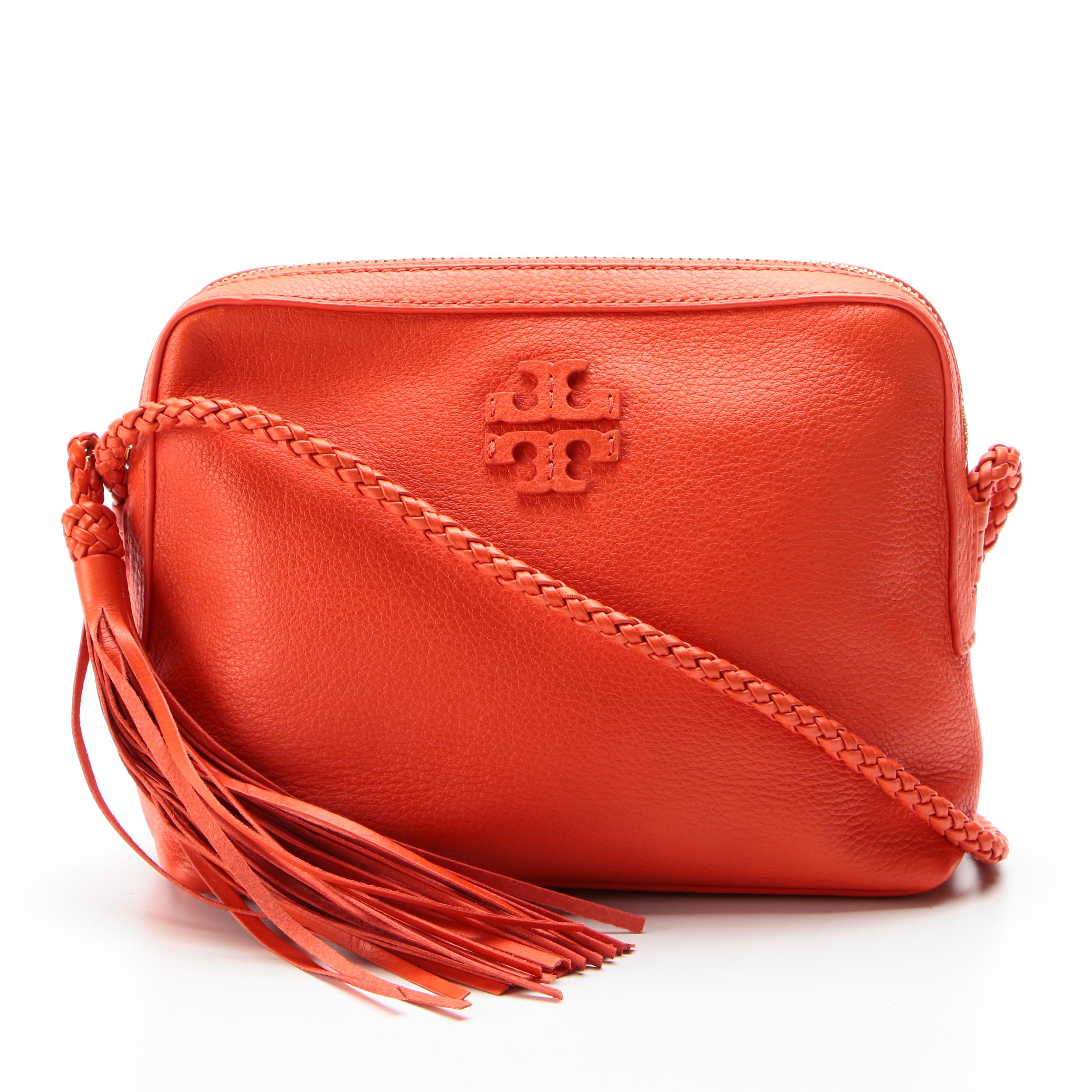 Tory Burch Crossbody Bag in Orange Leather with Braided Strap and Tassel