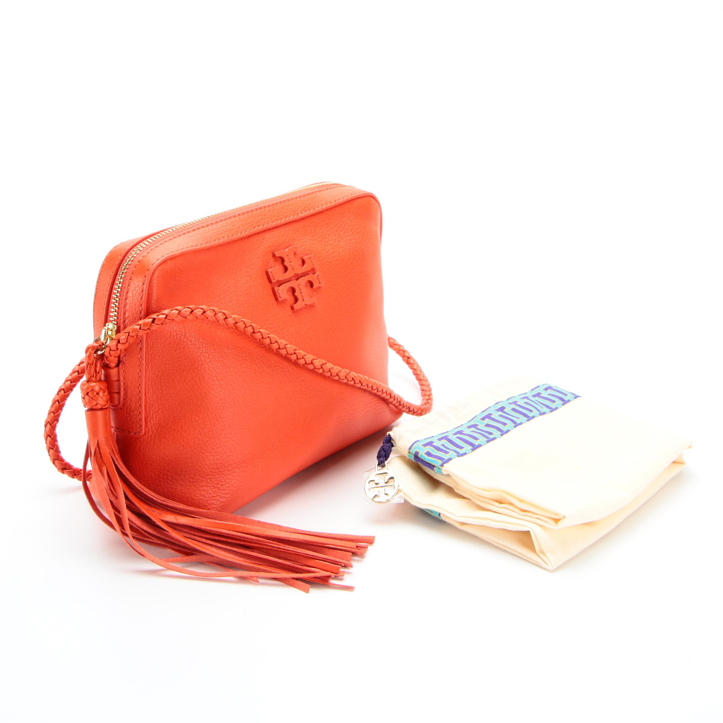 Tory Burch Crossbody Bag in Orange Leather with Braided Strap and Tassel