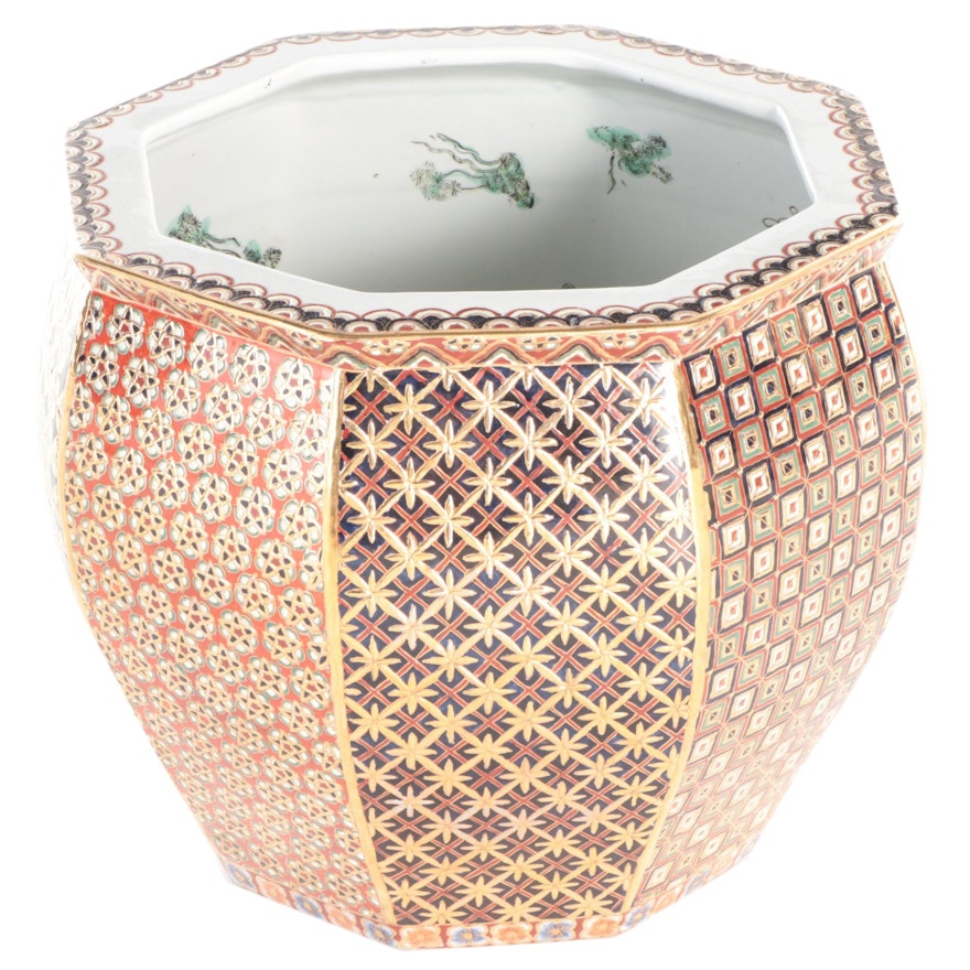 Imari Style Gilt Accented Octagonal Ceramic Fishbowl Planter for Gump's