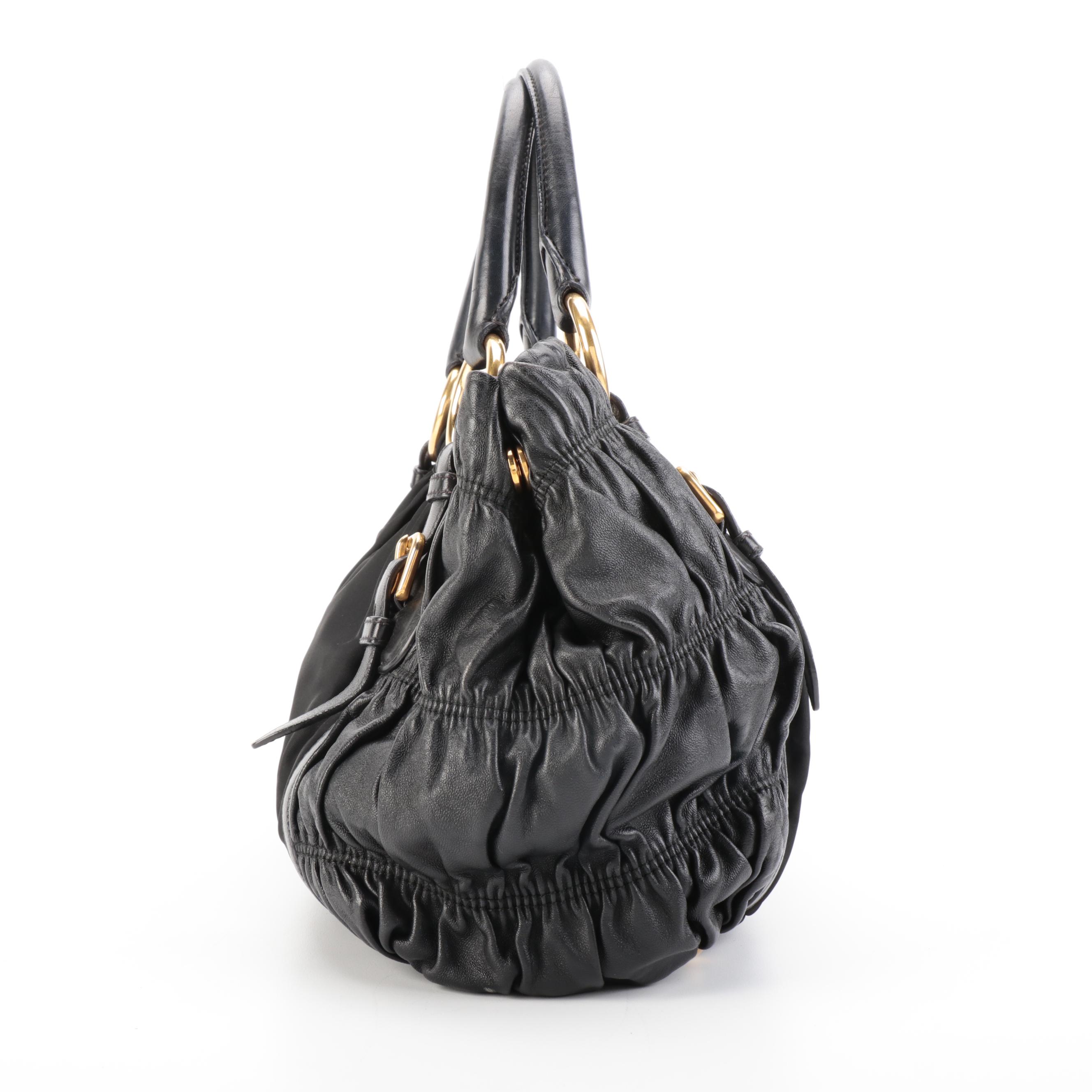 Prada Shopper Tote Bag in Black Gaufre Lambskin and Nylon Tessuto