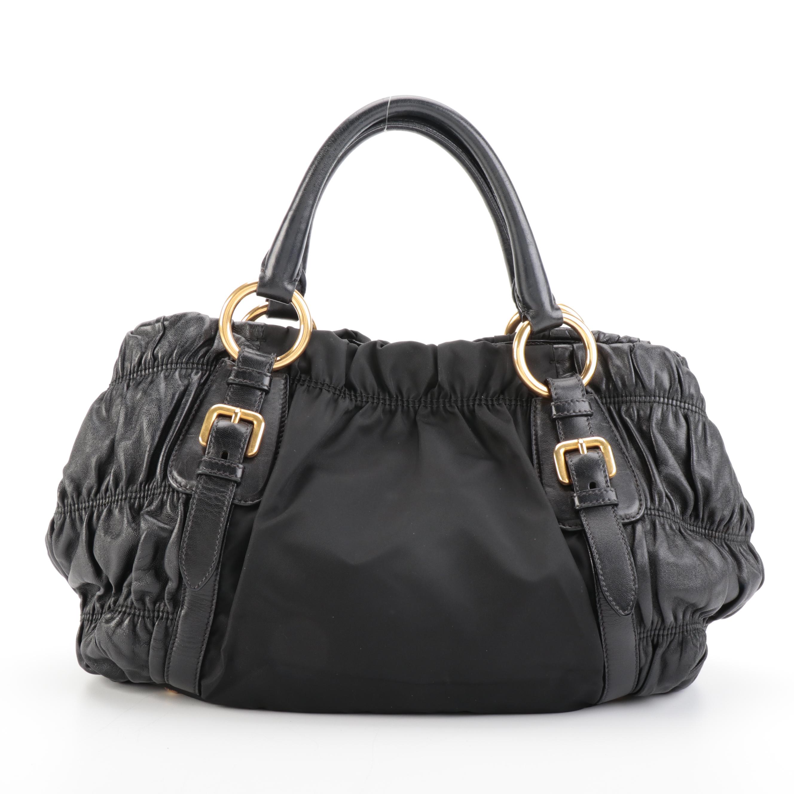 Prada Shopper Tote Bag in Black Gaufre Lambskin and Nylon Tessuto