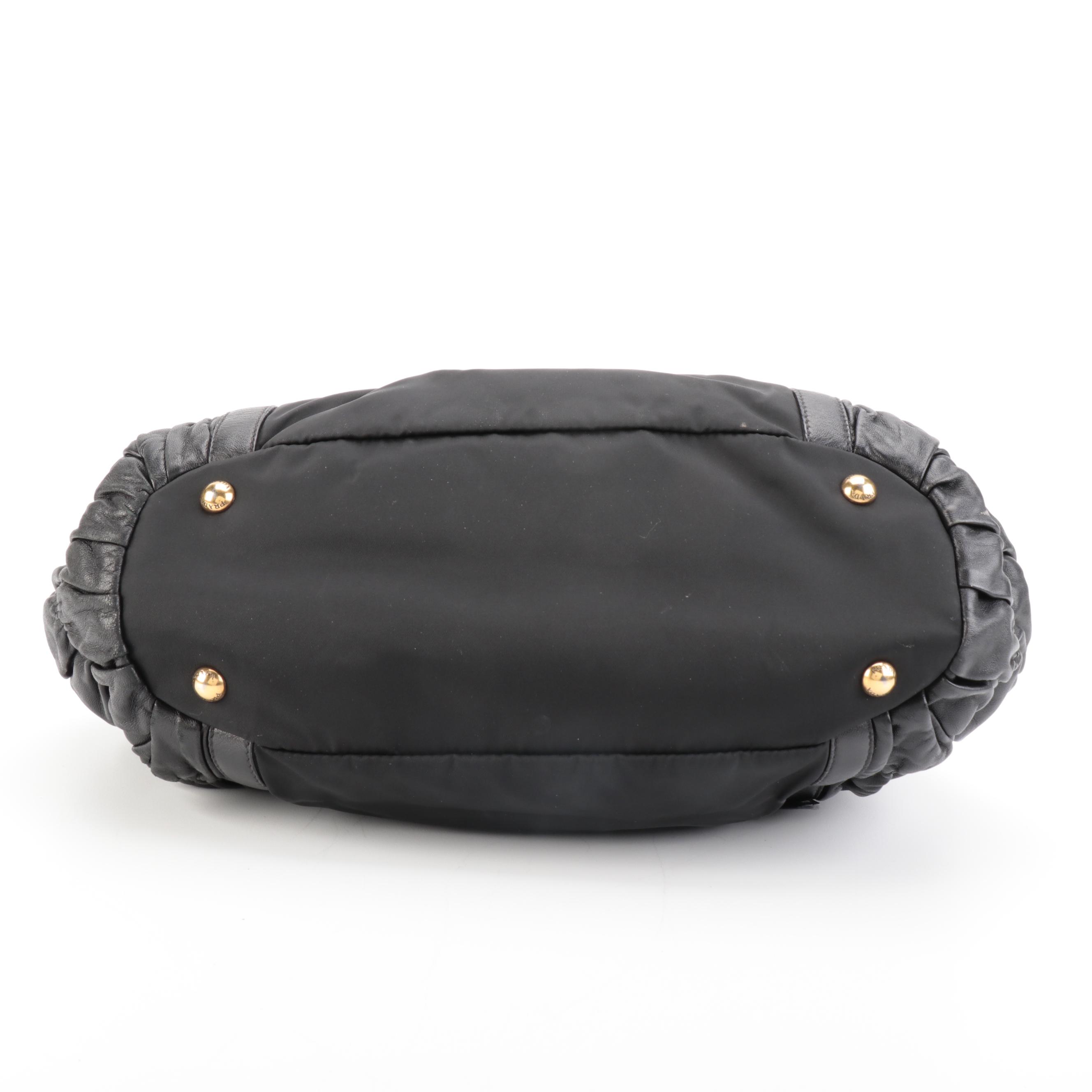 Prada Shopper Tote Bag in Black Gaufre Lambskin and Nylon Tessuto