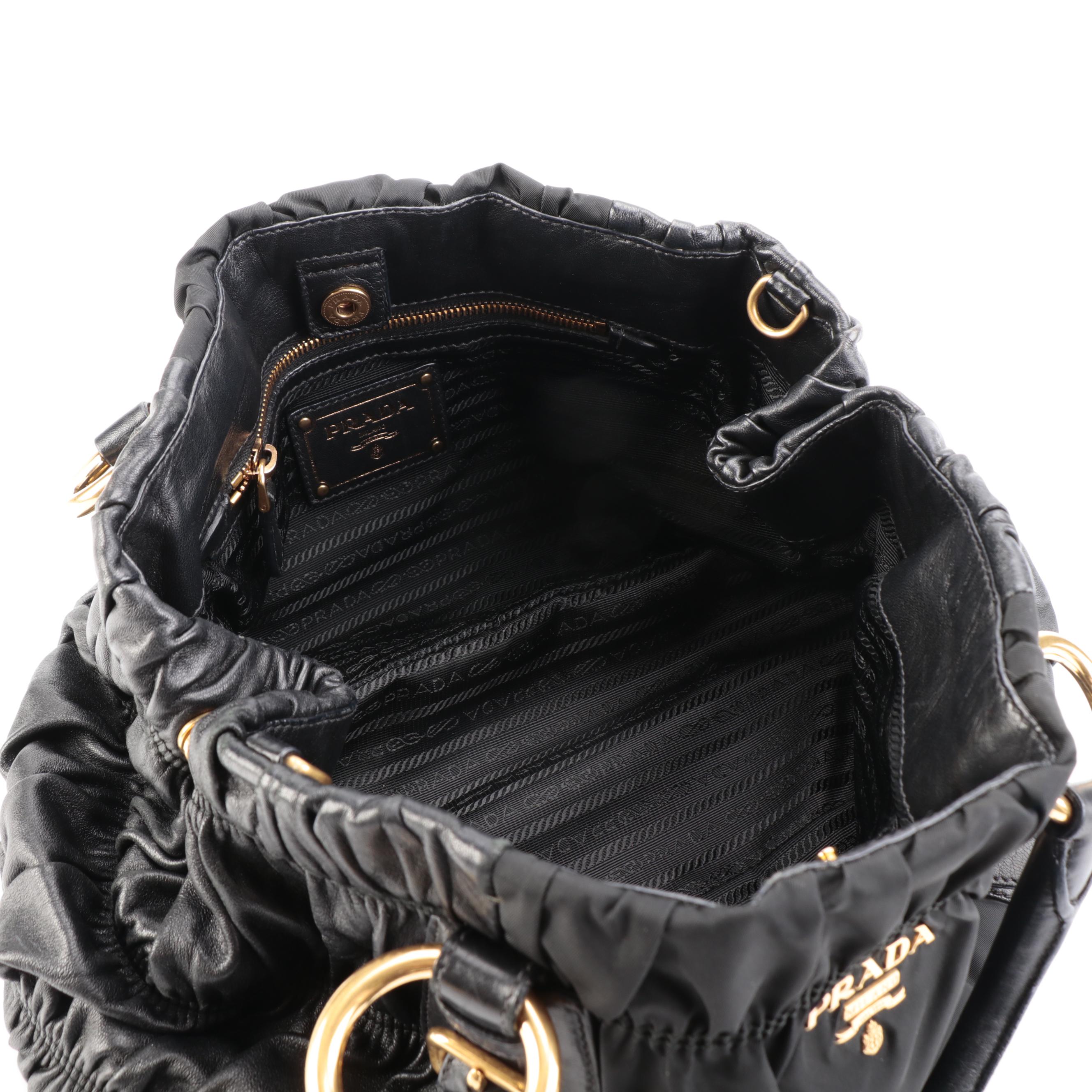 Prada Shopper Tote Bag in Black Gaufre Lambskin and Nylon Tessuto