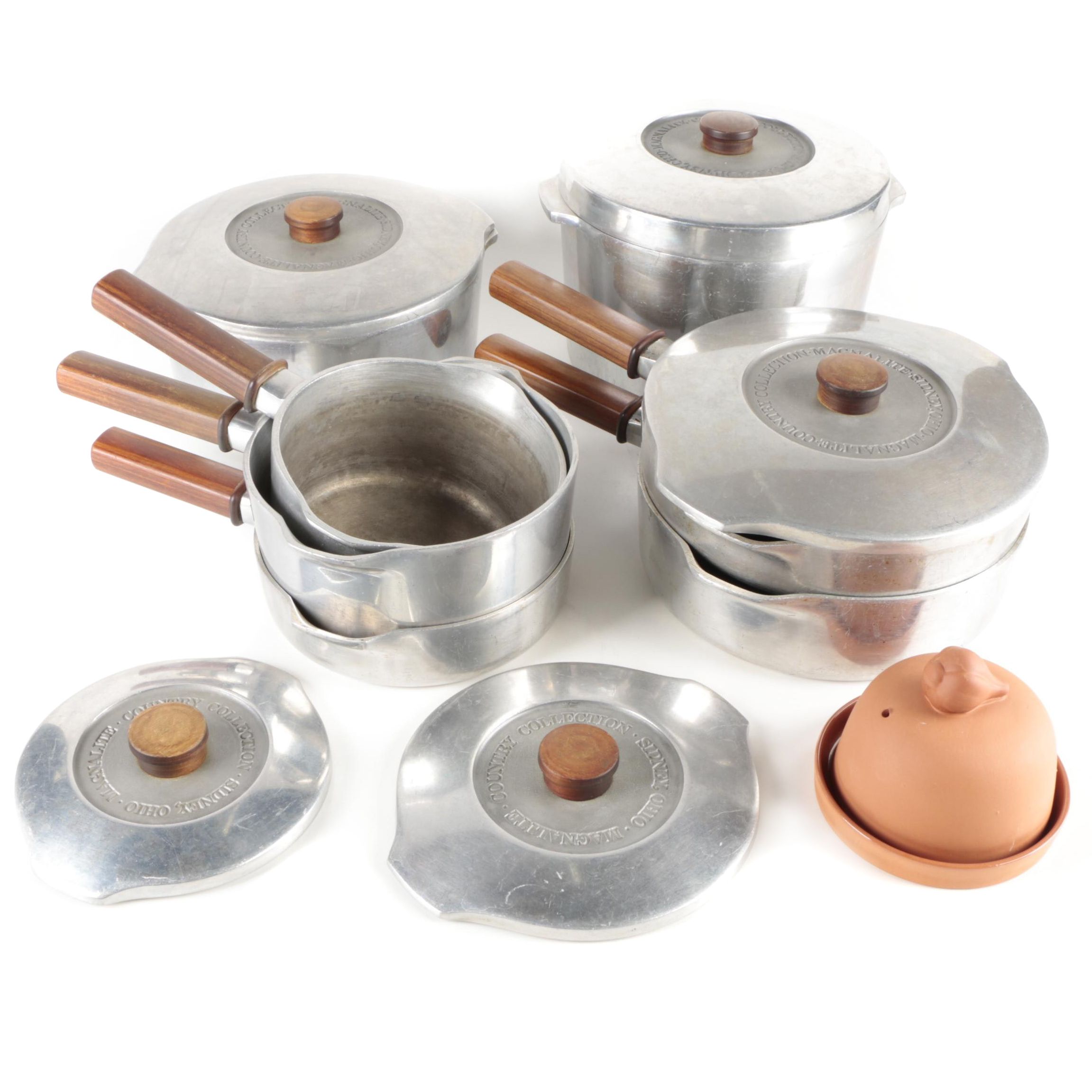 GHC Magnalite Country Collection Teak Handled Pots and Pans and Garlic Roaster