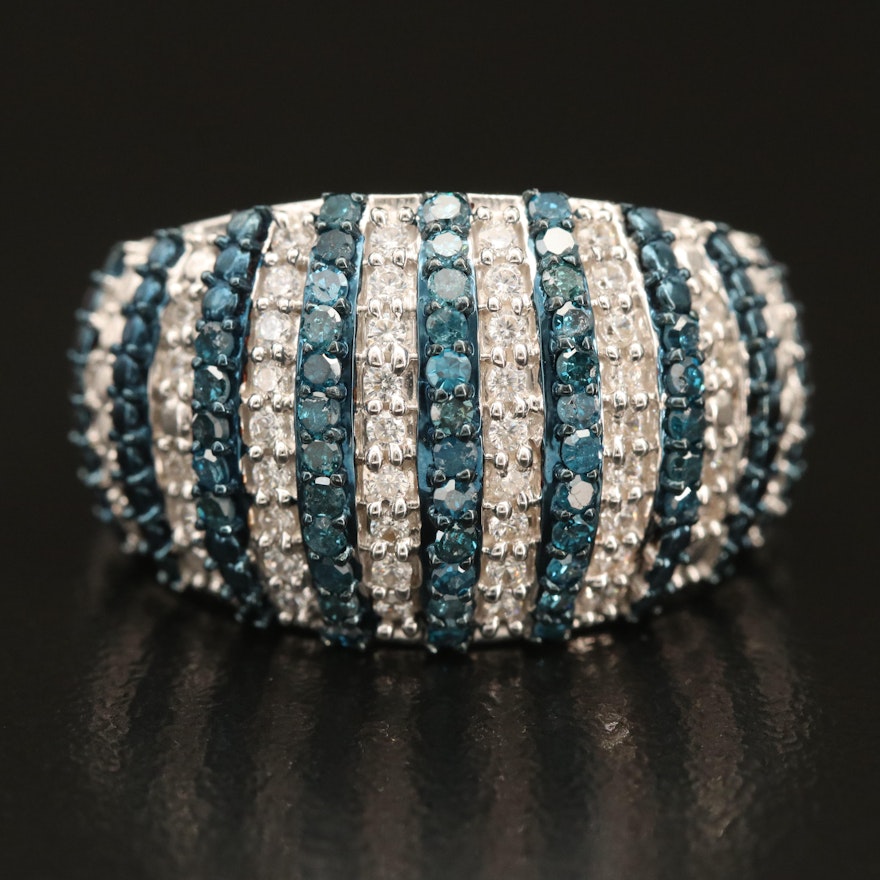 Sterling Striped Dome Ring with Fancy Blue Diamonds and Cubic Zirconia