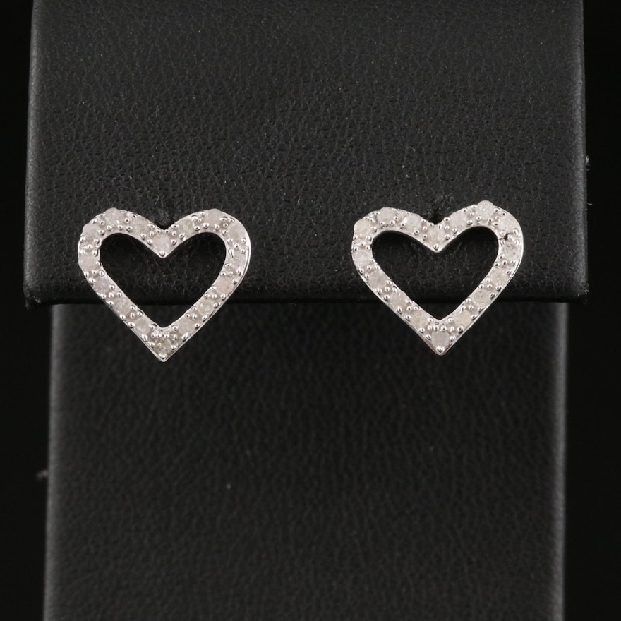 Sterling Silver Open Heart Diamond Stud Earrings