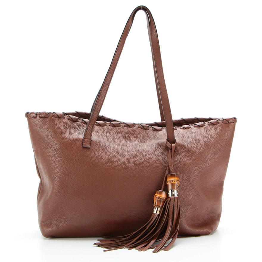 Gucci Tote Bag in Brown Pebbled Leather with Whipstitching and Bamboo Tassels