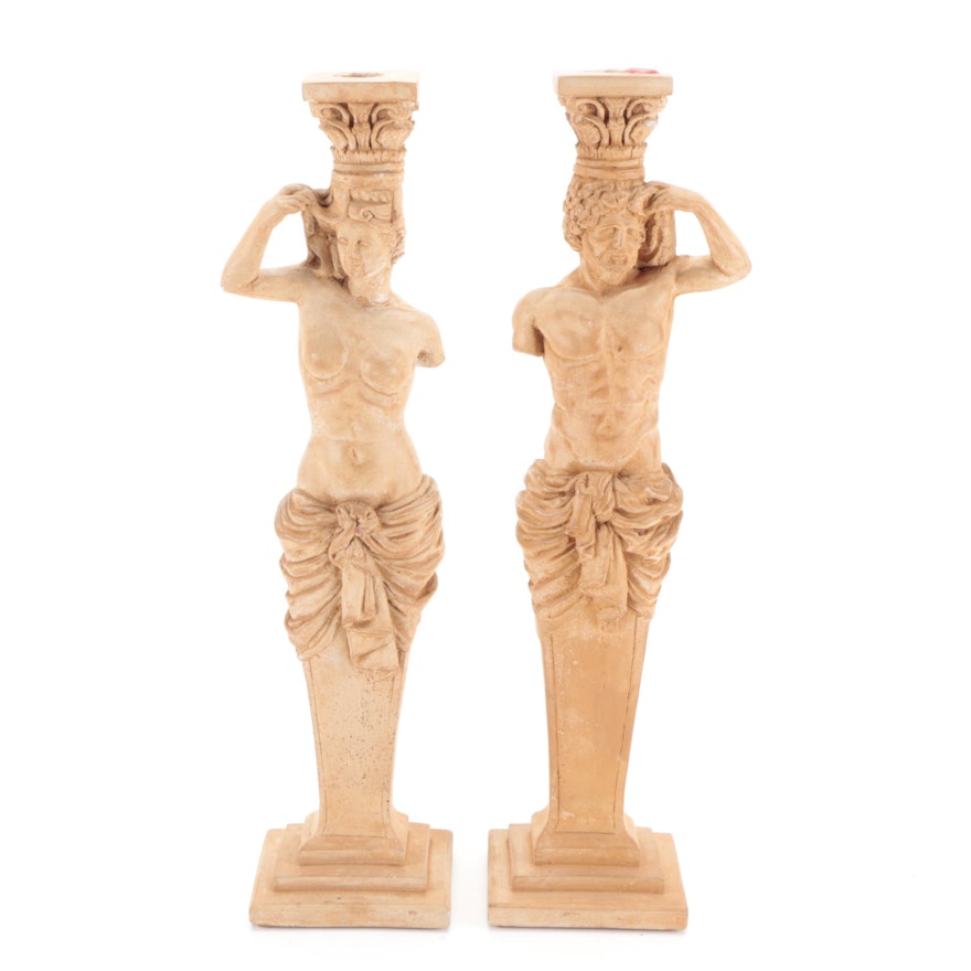 Neoclassical Style Cast Plaster Figural Column Candlesticks