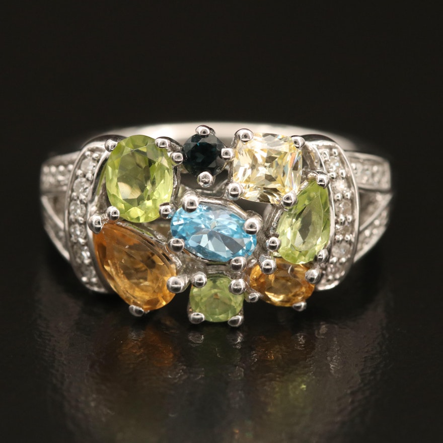 Sterling Gemstone Cluster Ring with Swiss Blue Topaz, Diamond and Peridot