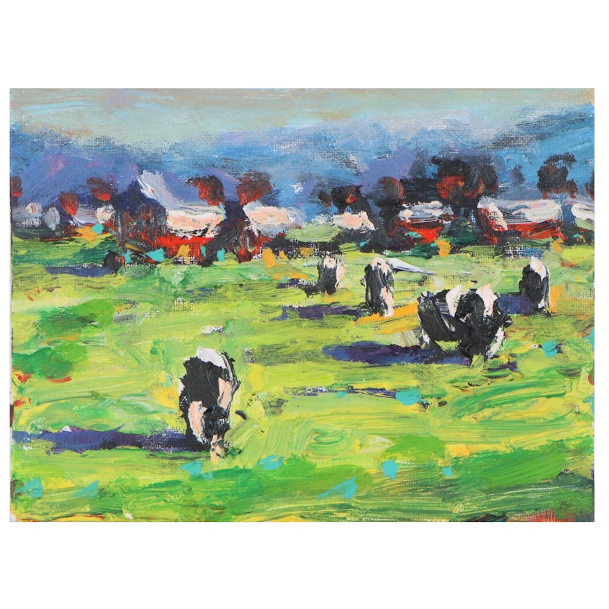 Sam Raines Landscape Acrylic Painting "Cows in the Field," 21st Century