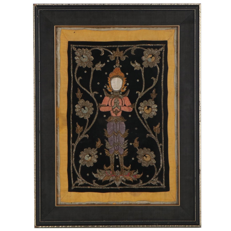 Burmese Kalaga Embroidery Panel of Figure With Floral Patterns