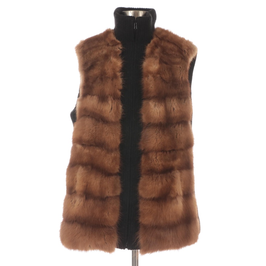 Marten Fur and Wool Blend Zip-Up Sleeveless Vest with Standing Collar