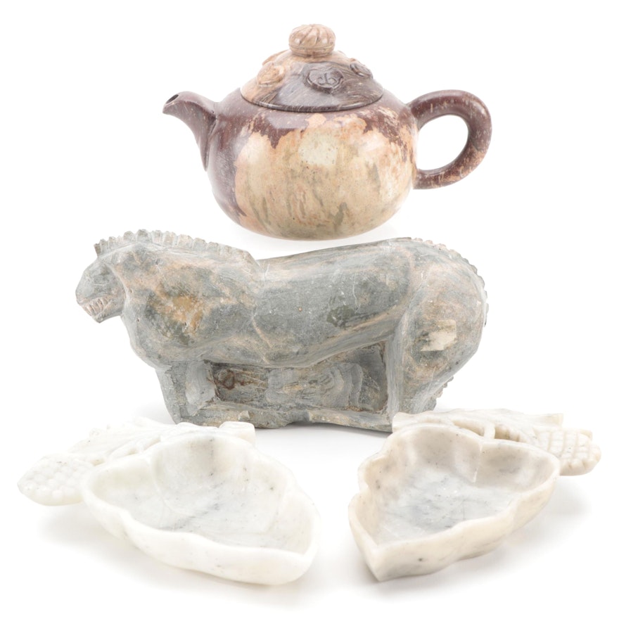 Chinese Carved Jasper Teapot with Calcite Dishes and Lion Figurine