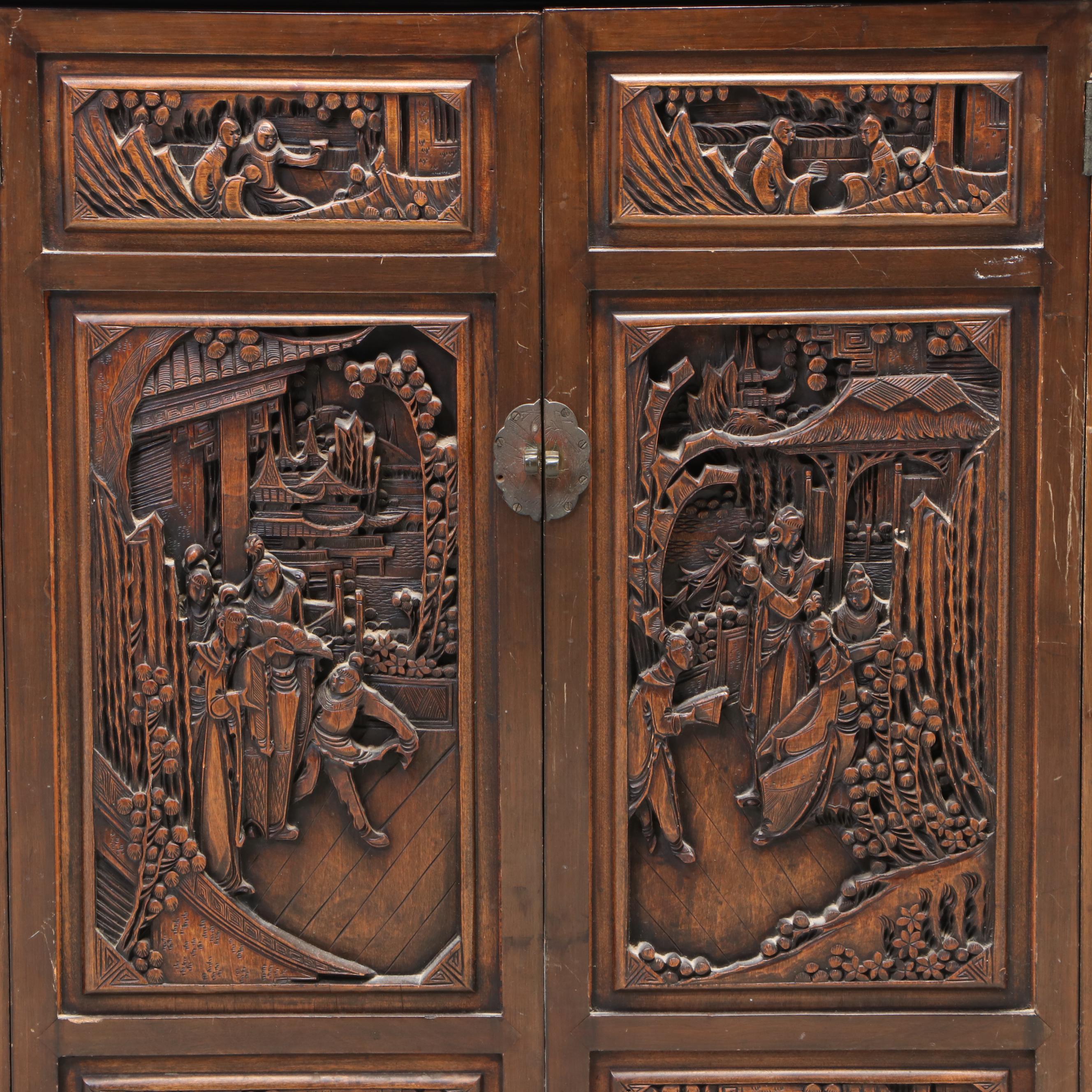 Chinese Carved Bar Cabinet, Mid-20th Century