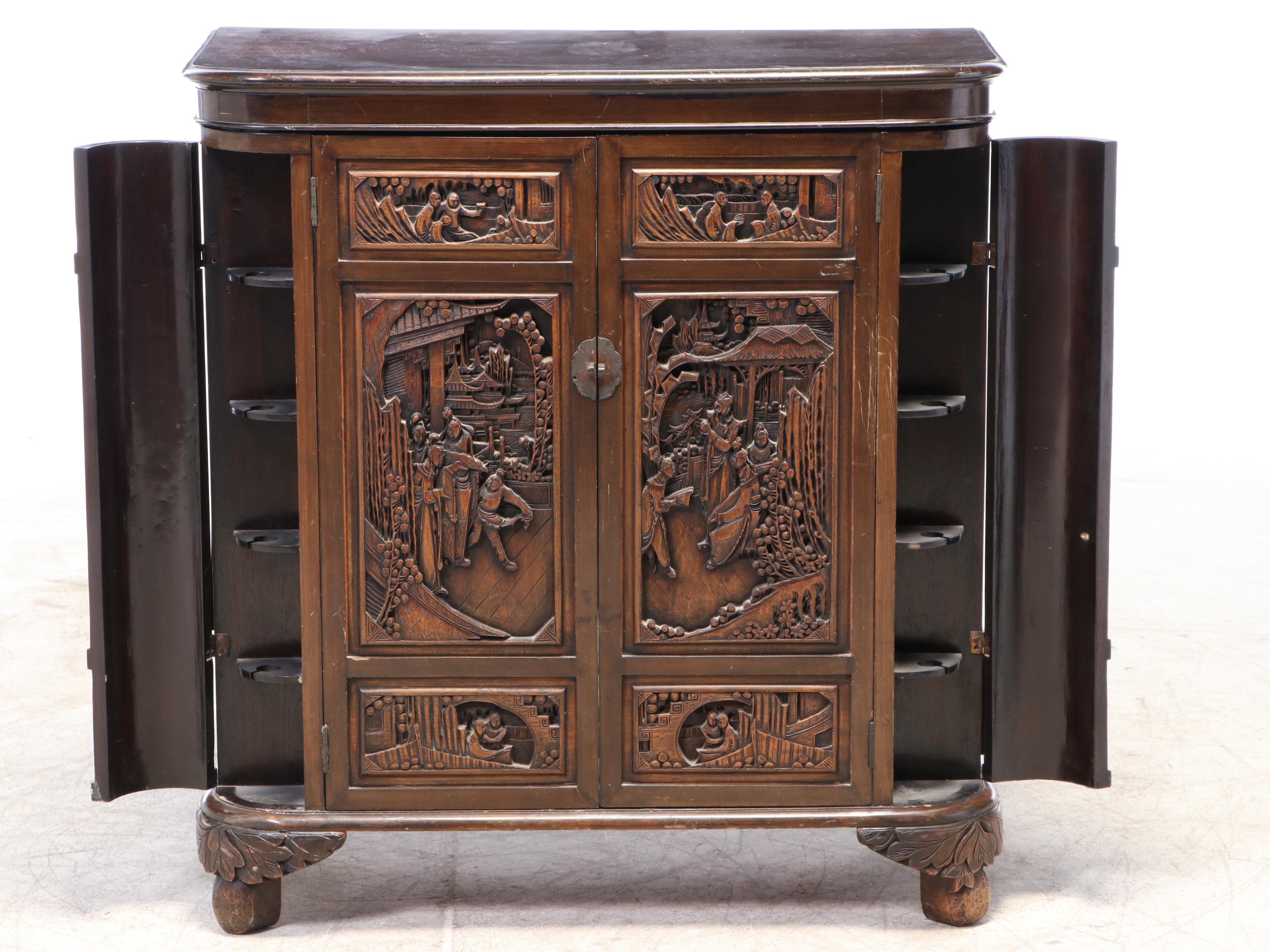 Chinese Carved Bar Cabinet, Mid-20th Century