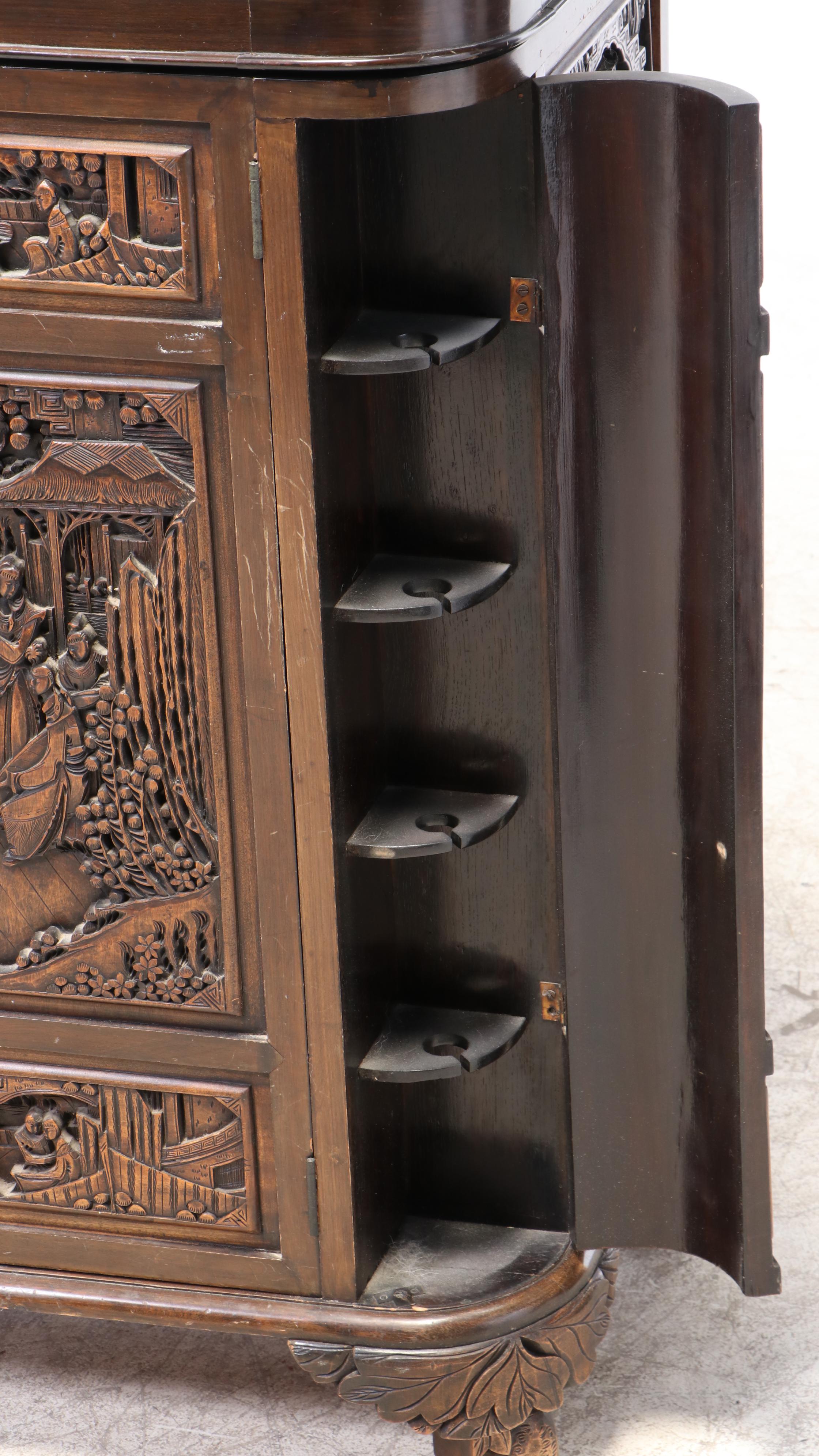 Chinese Carved Bar Cabinet, Mid-20th Century