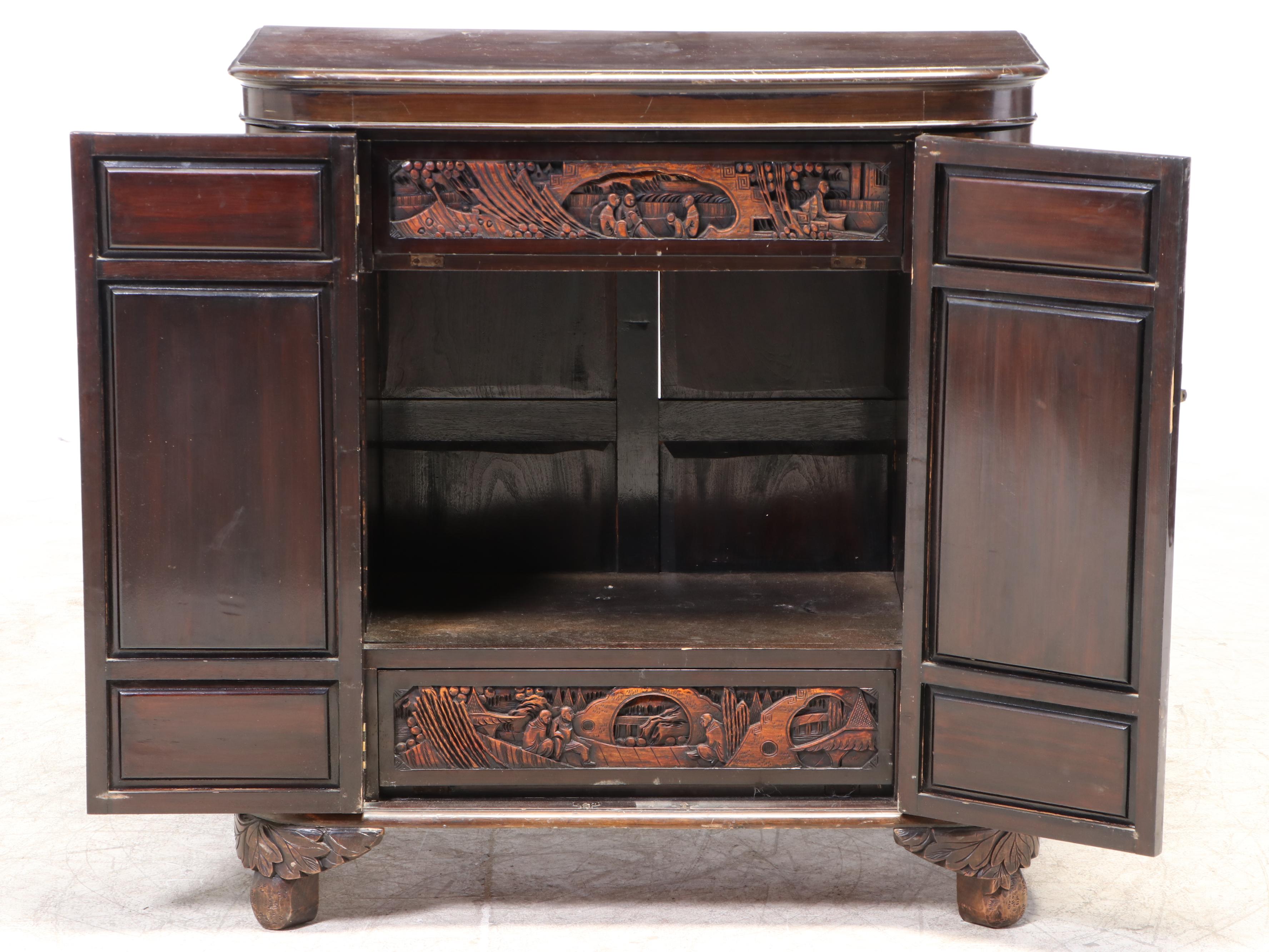 Chinese Carved Bar Cabinet, Mid-20th Century