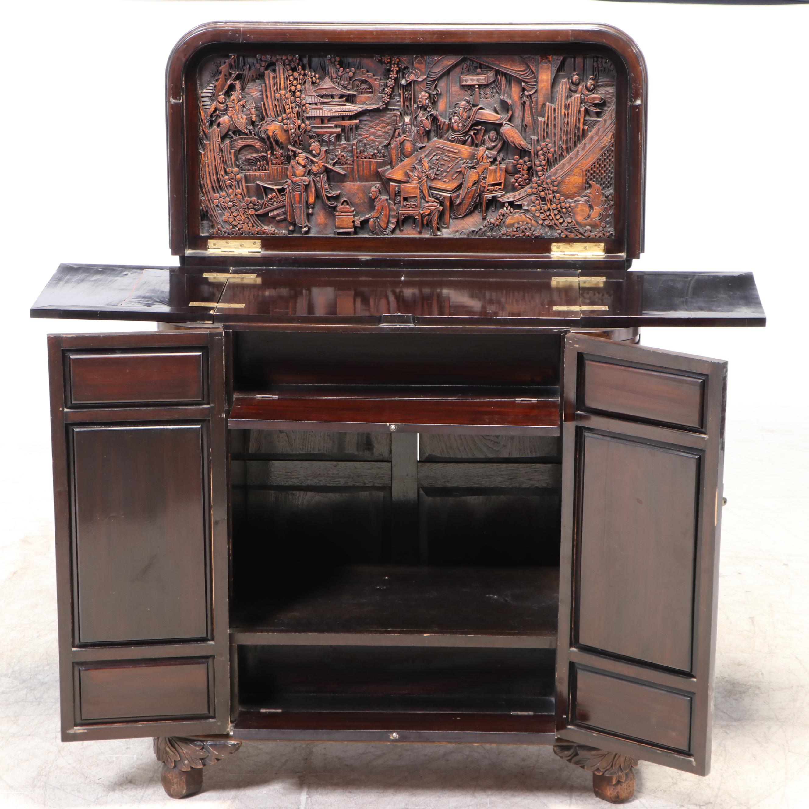 Chinese Carved Bar Cabinet, Mid-20th Century