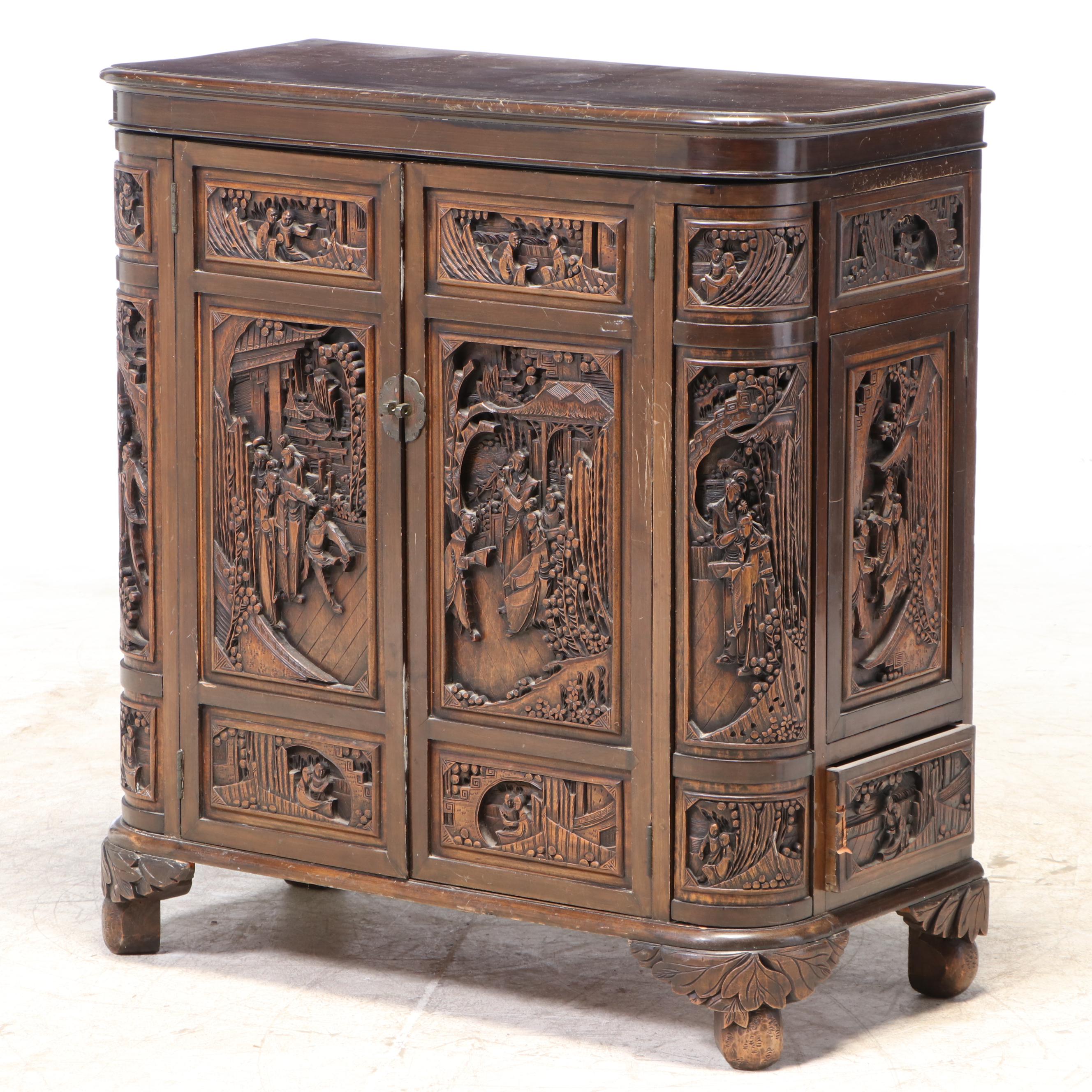 Chinese Carved Bar Cabinet, Mid-20th Century