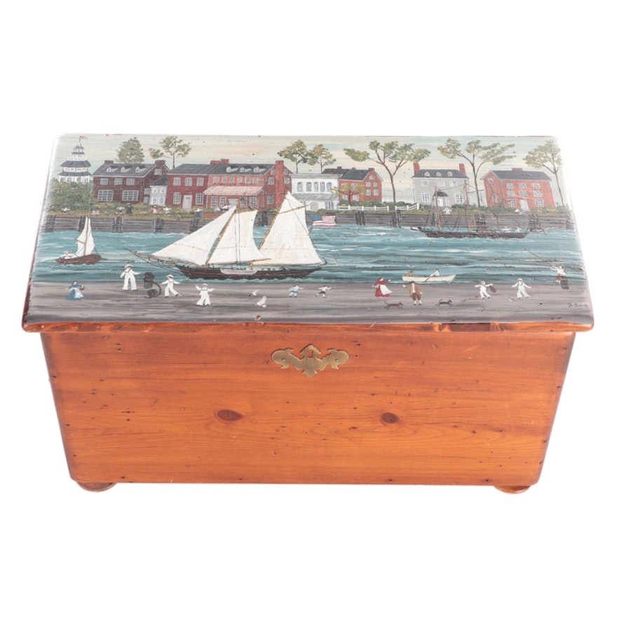 A. Snell Folk Art Style Hand-Painted Americana Harbor Scene Pine Chest