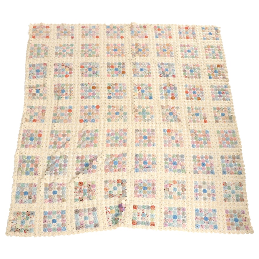 Handmade Yo-Yo Pieced Cotton Bedspread, Early to Mid-20th Century