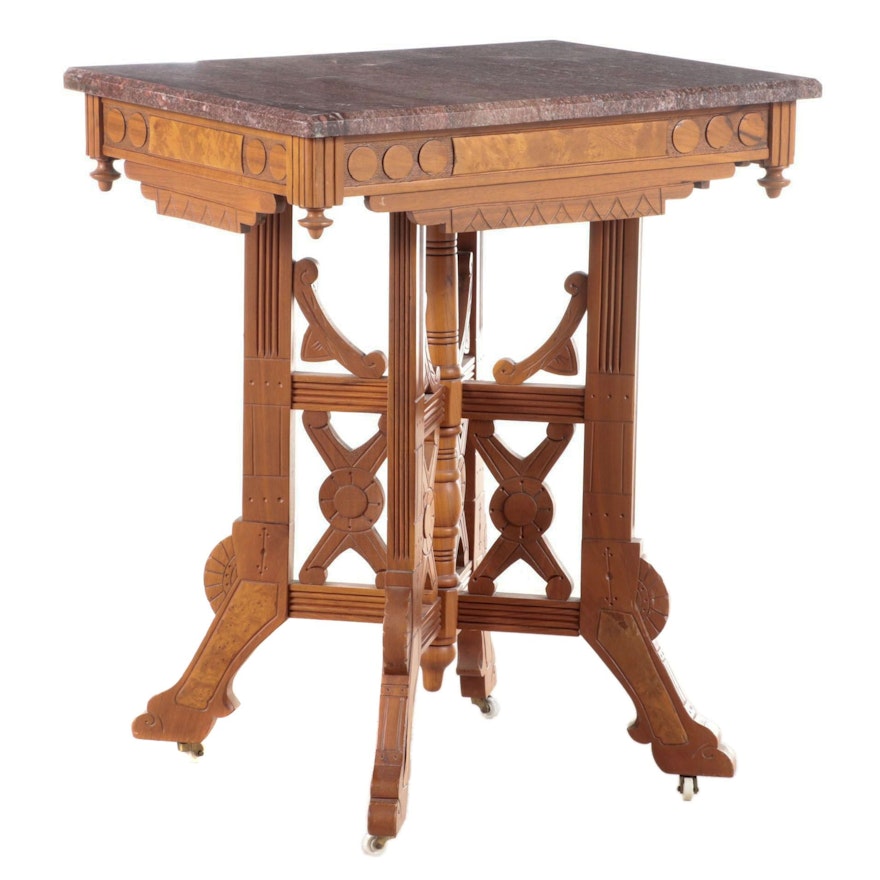 Victorian Walnut, Burl Walnut, and Rouge Marble Side Table, Late 19th Century