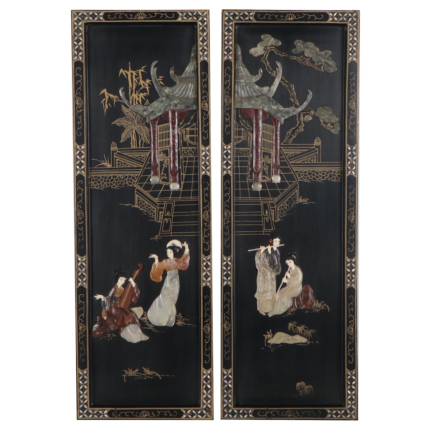 Chinese Style Lacquer and Stone Inlay Wooden Wall Hangings