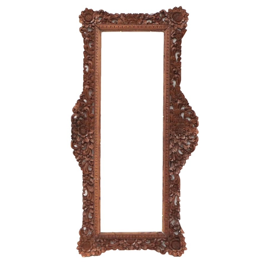 South Asian Inspired Floral and Scroll Motif Carved Wood Frame