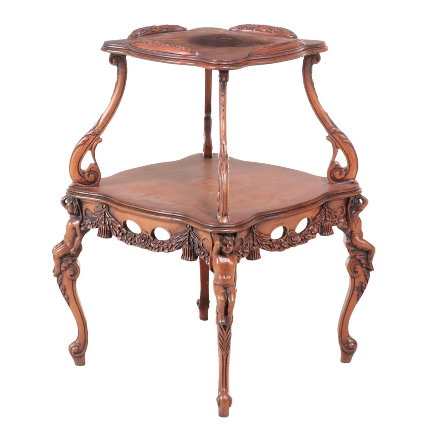 Rococo Style Carved Walnut Two-Tier Side Table, Possibly Italian, circa 1930