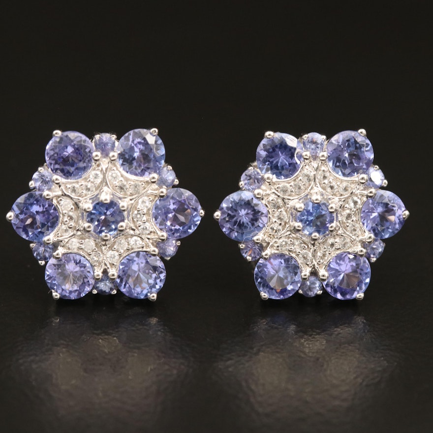 Sterling Tanzanite and Diamond Floral Cluster Earrings