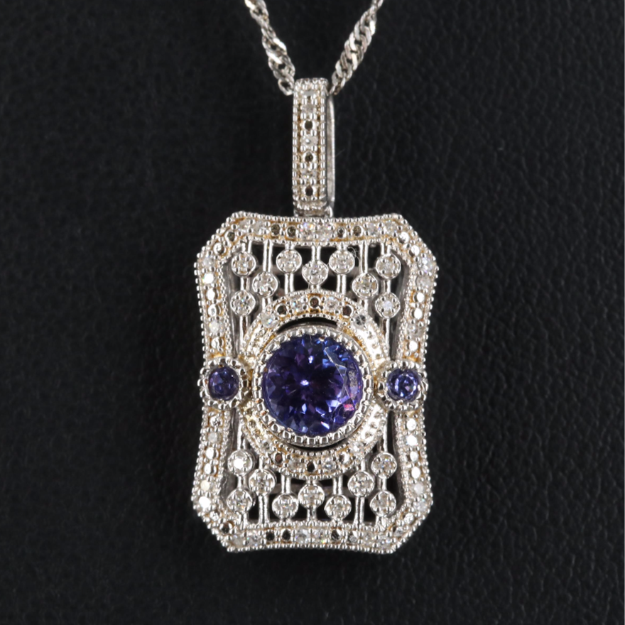 Sterling Tanzanite and Diamond Openwork Pendant Necklace