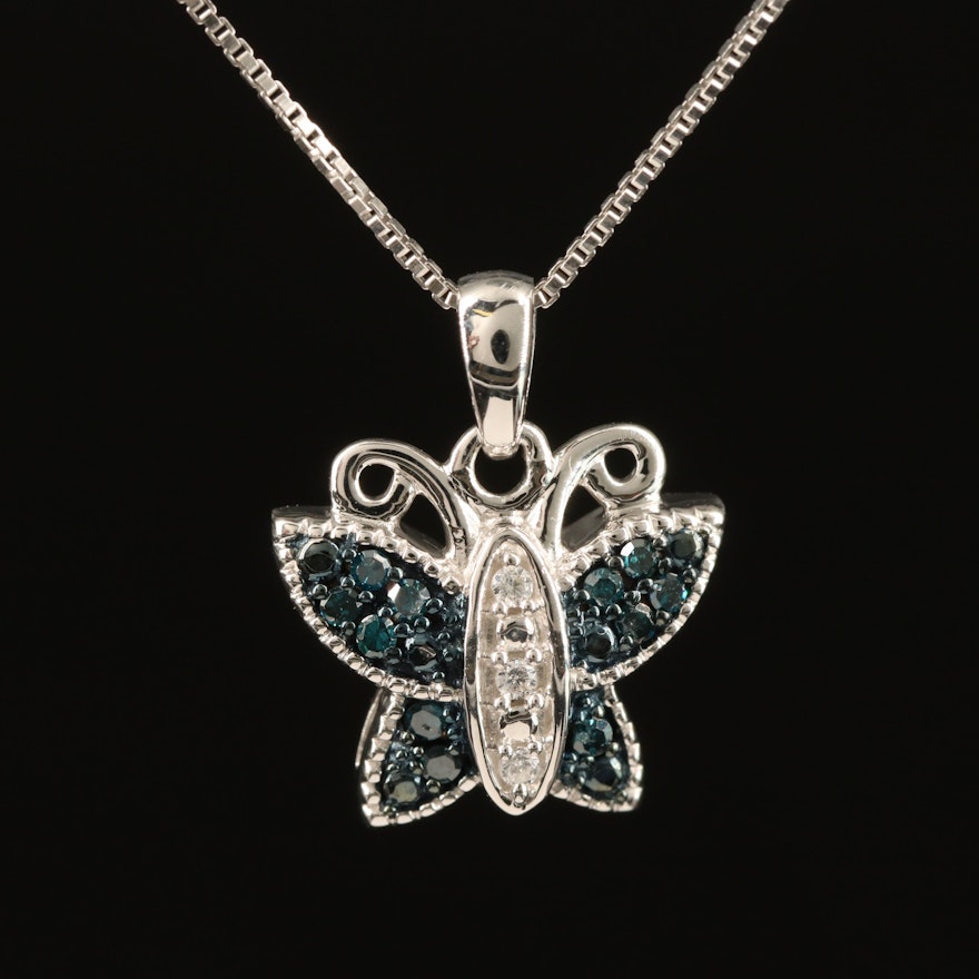 Sterling Diamond and Cubic Zirconia Butterfly Pendant Necklace
