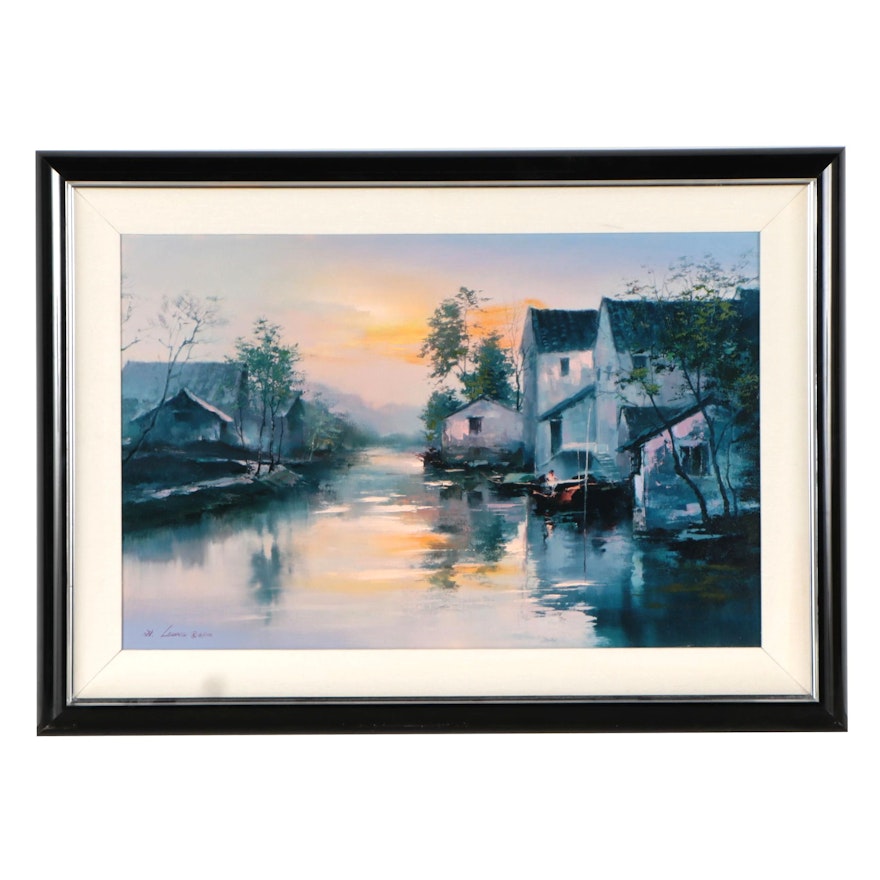 Hong Leung Embellished Giclée of Houses and Lake, Late 20th Century