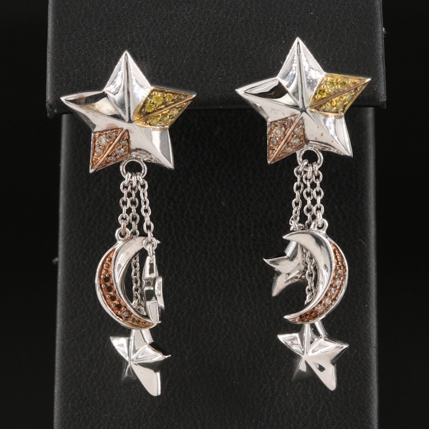 Sterling Silver Diamond Moon and Stars Drop Earrings