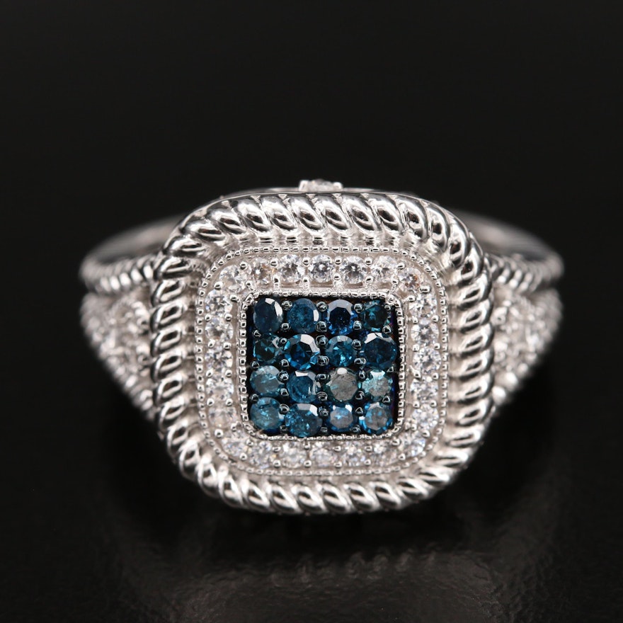 Sterling Fancy Blue Diamond and Cubic Zirconia Ring with Twisted Rope Detail