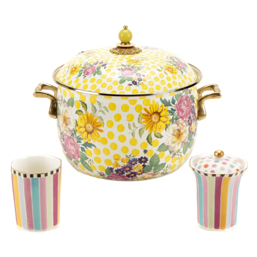 MacKenzie-Childs "Buttercup" Stockpot with "Ribbon & Dot" Cup and Bath Canister