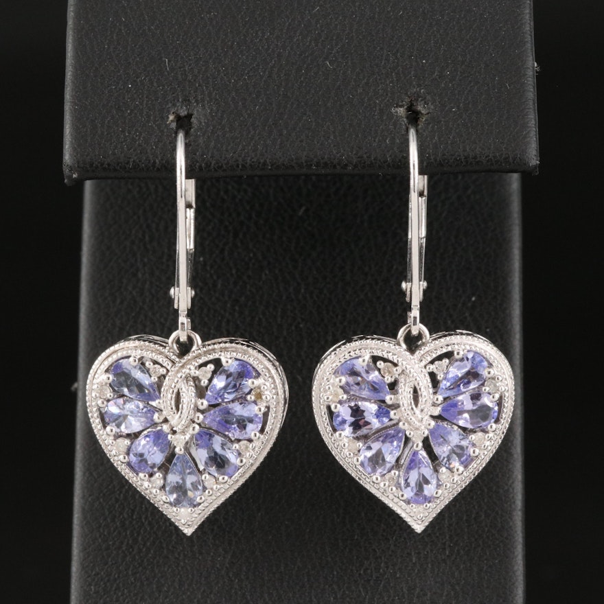 Sterling Tanzanite and Diamond Heart Earrings