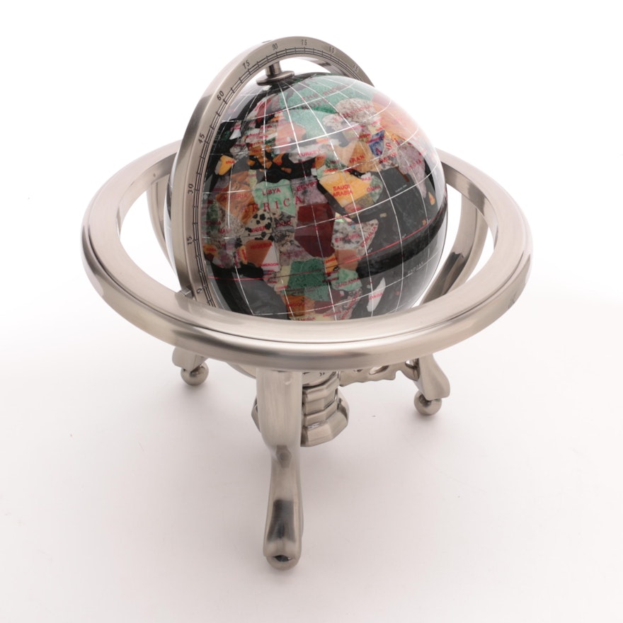 Black Onyx, Marble and Gemstone World Globe with Compass and Metal Tripod Stand