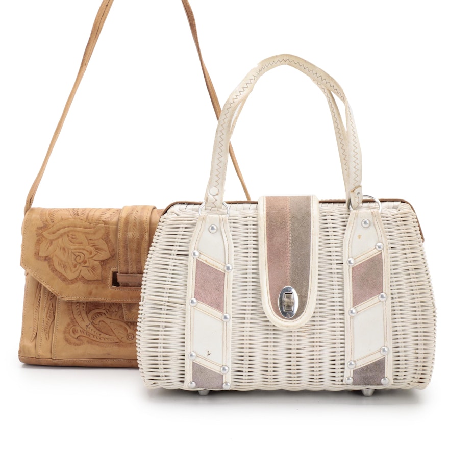 Bounty White Wicker Purse with Faux Suede Trim and Tooled Leather Shoulder Bag